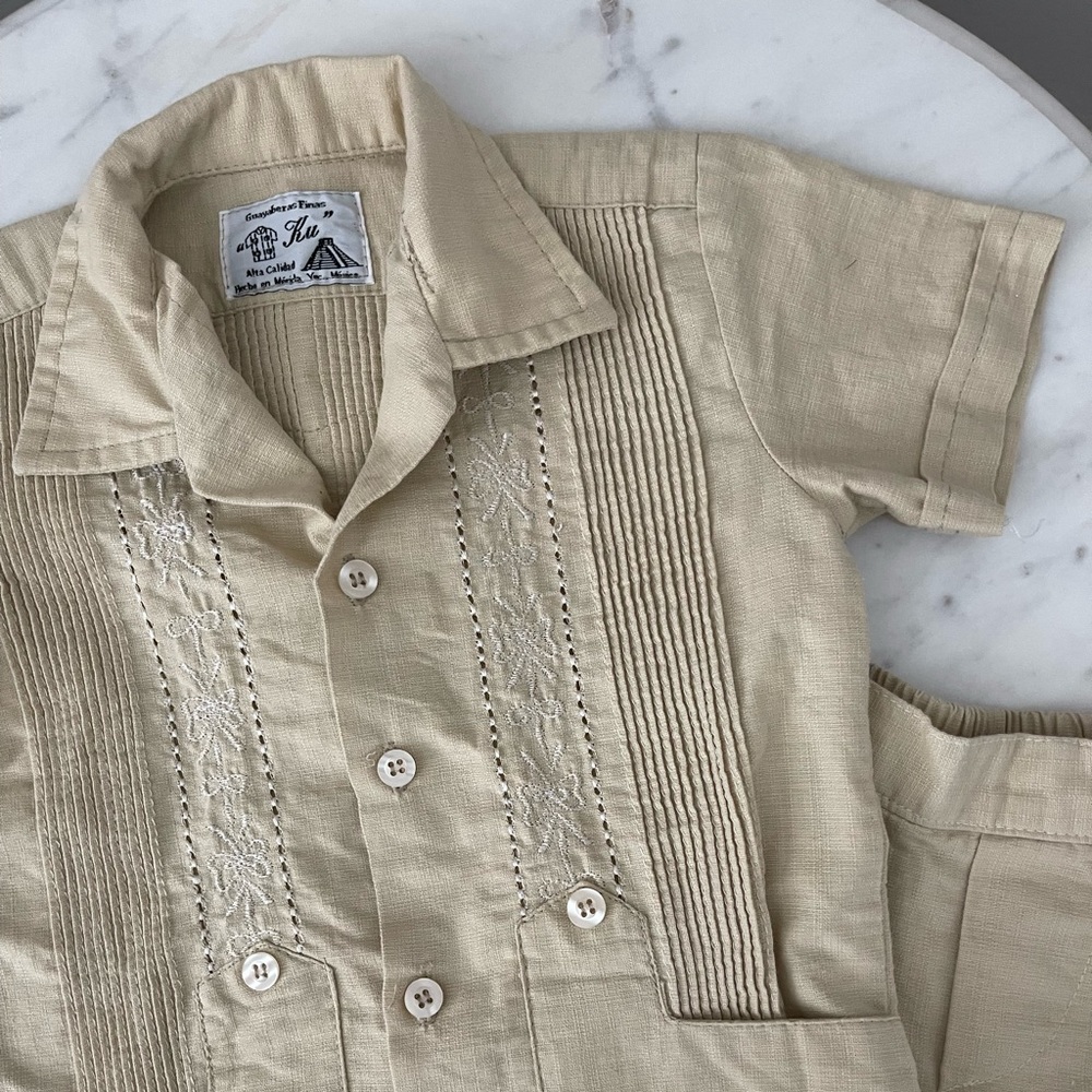 Toddler boy guayabera artisan tan set 2T
